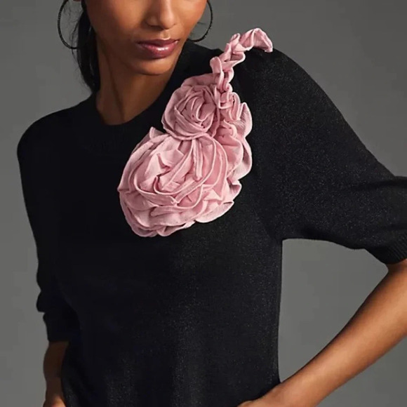 Anthropologie Maeve  Black  Floral Applique Sweater - Picture 5 of 7